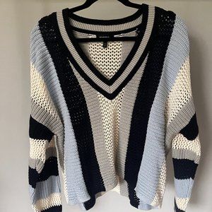 Express V-Neck Sweater in Black, Gray, and Cream Stripes